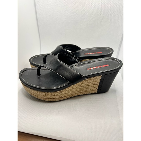 Prada Black Leather Wedge Thong Sandals - Picture 5 of 10